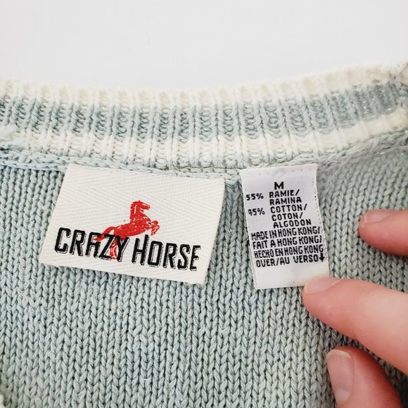 Vintage Crazy Horse Cardigan Grannycore Cable Knit Retro Rami Cotton Pale Blue M - Picture 6 of 8